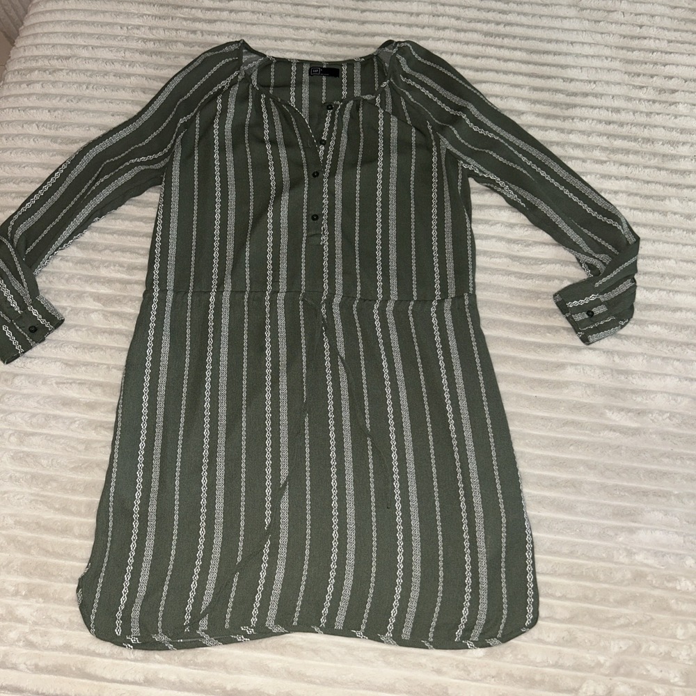 Gap Dress Womens Small Button Up Drawstring Waist‎ Green Off White Boho Chic
